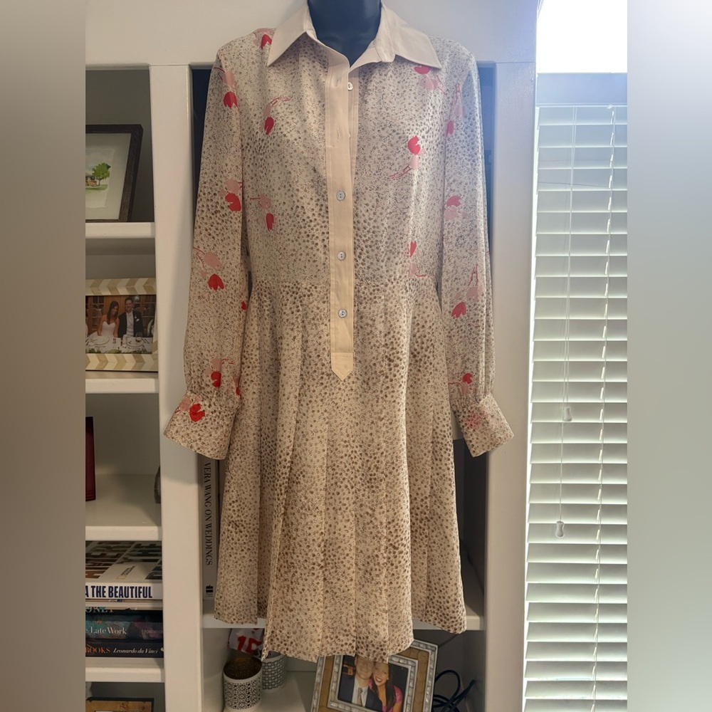 Raoul Beige and Red Printed Silk Long Sleeve Dress